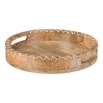Tray with handle MELOBU made of mango wood, with decorative stitching, natural, 2"/5cm, Ø12"/30cm