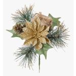 Decorative arrangement of poinsettia and pine HERMINA with gift, gold, 8"/21cm, Ø6.7"/17cm