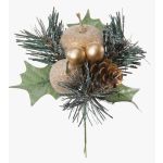 Artificial arrangement of apple, pear and pine HERMOSA with balls, spike, gold, 8"/20cm, Ø4.7"/12cm