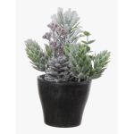 Artificial arrangement of fir, hops and gaultheria VIANNO, snow-covered, decorative pot, green-white, 5.5"/14cm, Ø4.3"/11cm