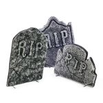 Halloween Dekoration Grabsteine KRAMPUS, 3 Stück, Steinoptik, Styropor, Totenschädel, 51cm, 50cm, 34cm