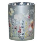 Glass tealight holder ALLISTER with butterfly floral motif, multicoloured-mat-silver-glossy, 7.1"/18cm, Ø4.7"/12cm