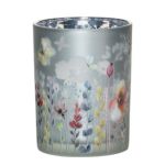 Glass tealight holder ALLISTER with butterfly floral motif, multicoloured-mat-silver-glossy, 4.9"/12.5cm, Ø3.9"/10cm