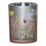 Glass tealight table light ANNEROSE wild flower motif, multicoloured-mat-silver-glossy, 7.1"/18cm, Ø4.7"/12cm