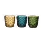 Tealight glass KIRSTIE, 3 pieces, diamonds, green-yellow-blue, 3.5"/9cm, Ø3.5"/9cm