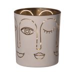 Glass candle holder LEOLINE with faces, white-gold, 4"/10cm, Ø3.5"/9cm