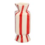 Square single stem vase in the shape of a sweet AMIEL made of ceramic, with vertical stripes, red-white, 4"x4"x10"/10x10x25cm