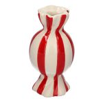 Bulbous single stem vase in the shape of a sweet AMIEL made of ceramic, with vertical stripes, red-white, 4.5"/11,5cm, Ø2.4"/6cm