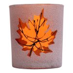 Autumnal glass tealight holder HIPOLITO with maple leaf motif, yellow-orange, 8cm, Ø7cm