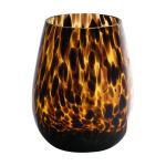 Bellied glass tealight holder RUSSELL, leopard pattern, brown-clear, 12cm, Ø9cm