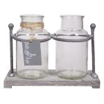 Decorative glass vases LORRIE with wooden stand, 2 glasses, clear, 7.7"x4"x5.7"/19,5x10x14,5cm