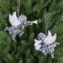Christmas angel for hanging LINDY, 2 pieces, harp, lyre, glitter, silver-white, 3.5"x3.9"/9x10cm