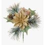 Decorative arrangement of poinsettia and pine HERMINA with gift, gold, 8"/21cm, Ø6.7"/17cm