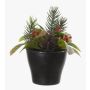 Artificial flower arrangement of fir, woolly hedgenettle and gaultheria ZINA, decorative pot, green-red, 5.1"/13cm, Ø4.3"/11cm