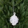 Tree ornament fir cone for hanging CATHARINA, acrylic, glitter, white-silver, 3.5"/9cm, Ø2.8"/7cm