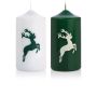 Advent candle DALDI with stag motif, 2 pcs, dark green-white, 6"/15cm, Ø3.1"/8cm, 69h - Made in Germany