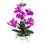 Artificial flower arrangement: Phalaenopsis orchid HIKABU with corkscrew willow, ceramic pot, roots, purple, 16"/40cm