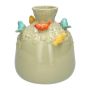 Ceramic balloon vase BIRDIE, with 3D birds, green-orange-yellow-blue, 9"/22,5cm, Ø7"/19cm