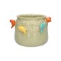 Ceramic planter BIRDIE, with 3D birds, green-orange-yellow-blue, 4.3"/11cm, Ø5.3"/13,5cm