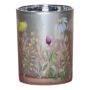Glass tealight table light ANNEROSE wild flower motif, multicoloured-mat-silver-glossy, 7.1"/18cm, Ø4.7"/12cm