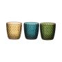 Tealight glass KIRSTIE, 3 pieces, diamonds, green-yellow-blue, 3.5"/9cm, Ø3.5"/9cm