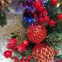 Artificial winter wreath KIRENO, cones, berries, LEDs, with baubles, red-gold-green, Ø24"/60cm