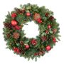 Artificial Winterkranz VISALIA, holly, berries, cones, balls, LEDs, green-red, Ø24"/60cm