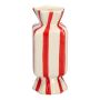 Square single stem vase in the shape of a sweet AMIEL made of ceramic, with vertical stripes, red-white, 4"x4"x10"/10x10x25cm