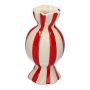 Bulbous single stem vase in the shape of a sweet AMIEL made of ceramic, with vertical stripes, red-white, 4.5"/11,5cm, Ø2.4"/6cm