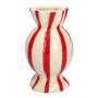 Bulbous single stem vase in the shape of a sweet AMIEL made of ceramic, with vertical stripes, red-white, 6"/15cm, Ø3.3"/8,5cm