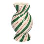 Bulbous single stem vase in the shape of a sweet AMIEL made of ceramic, with diagonal lines, green-white-red, 6"/15cm, Ø3.3"/8,5cm