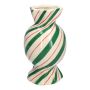 Bulbous single stem vase in the shape of a sweet AMIEL made of ceramic, with diagonal lines, green-red-white, 8"/20cm, Ø5.5"/11,5cm