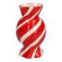 Bulbous single stem vase in the shape of a sweet AMIEL made of ceramic, with diagonal lines, red-white, 10"/24,7cm, Ø5.5"/14cm