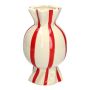 Bulbous single stem vase in the shape of a sweet AMIEL made of ceramic, with vertical stripes, red-white, 10"/24,7cm, Ø5.5"/14cm