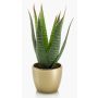 Artificial Aloe variegata MARTINEZ, golden ceramic pot, green, 10"/25cm, Ø6.7"/17cm