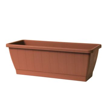 Balcony planter box OPHIRA made of recycled plastic, water reservoir, coaster, terracotta, 31"x8"x7"/79,5x19,5x17,5cm Balcony planter box OPHIRA made of recycled plastic, water reservoir, coaster, terracotta, 31"x8"x7"/79,5x19,5x17,5cm