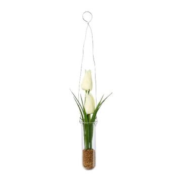 Artificial tulip arrangement FRUKE in a hanging vase, white, 14"/35cm Artificial tulip arrangement FRUKE in a hanging vase, white, 14"/35cm