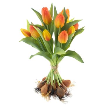 Artificial tulip bouquet LONA with bulbs, orange-yellow, 14"/35cm, Ø10"/25cm