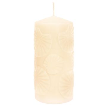 Pillar candle ANDRIANE with water lily leaf motif, cream, 5.9"/15cm, Ø2.8"/7cm, 63h