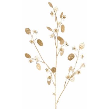 Artificial satin Lunaria branch PINDUS with flowers, white-gold, 33"/85cm