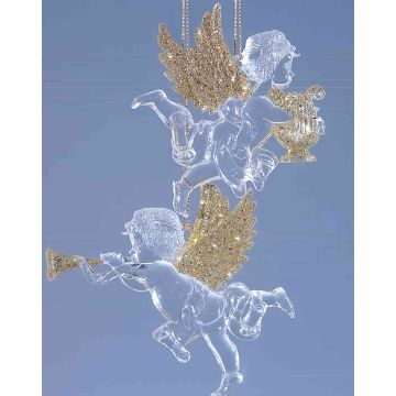 Acrylic decorative angel hangers LINDY, 2 pieces, harp, lyre, glitter, gold, 9x10cm