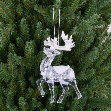 Christmas decoration deer MATTHIS, acrylic, glitter, transparent-silver-white, 3.5"x0.8"x4.7"/9x2x12cm