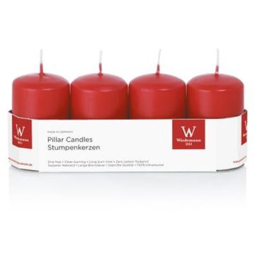 JENARO Advent wreath pillar candles, 4 pieces, red, 8cm, Ø5cm, 18h – Made in Germany