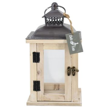 Wood Lantern BEGGY with Glass, handle, beige, 15,5x15,5x29cm