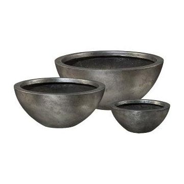 Round flower bowl NARUKO, e.g. for pedestal column, 3 pieces, fibreglass, silver, 12"x5.1"/30x13cm, 18"x8"/46x20cm, 22"x9"/55x23,5cm