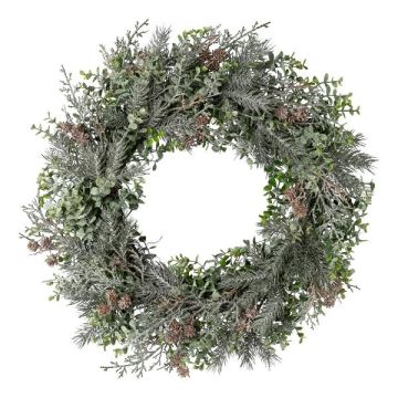 Decorative wreath of eucalyptus, fir and cypress CAVRO, frosted, cones, white-green, Ø20"/50cm Decorative wreath of eucalyptus, fir and cypress CAVRO, frosted, cones, white-green, Ø20"/50cm