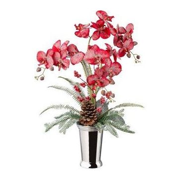 Artificial flower arrangement of orchid and fern BALSI, ceramic vase, cone, berries, snow-covered, red-white, 28"/70cm