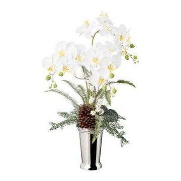 Artificial flower arrangement of orchid and fern BALSI, ceramic vase, cone, berries, snow-covered, white, 28"/70cm