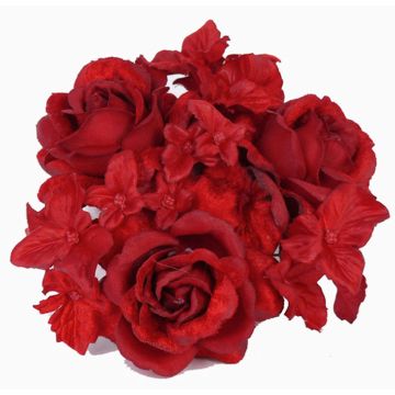 Fake candle wreath INGA, rose, hydrangea, red, Ø3.9"/10cm Fake candle wreath INGA, rose, hydrangea, red, Ø3.9"/10cm