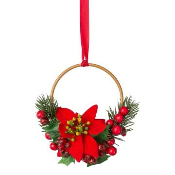 Decorative wreath Flower ring of poinsettia and fir KUBRI, berries, red, Ø5.5"/14cm